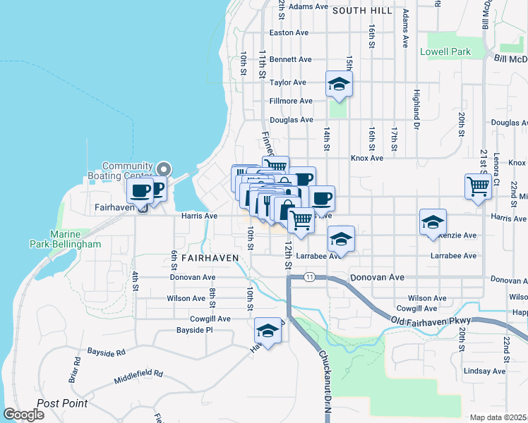 map of restaurants, bars, coffee shops, grocery stores, and more near 1212 11th Street in Bellingham
