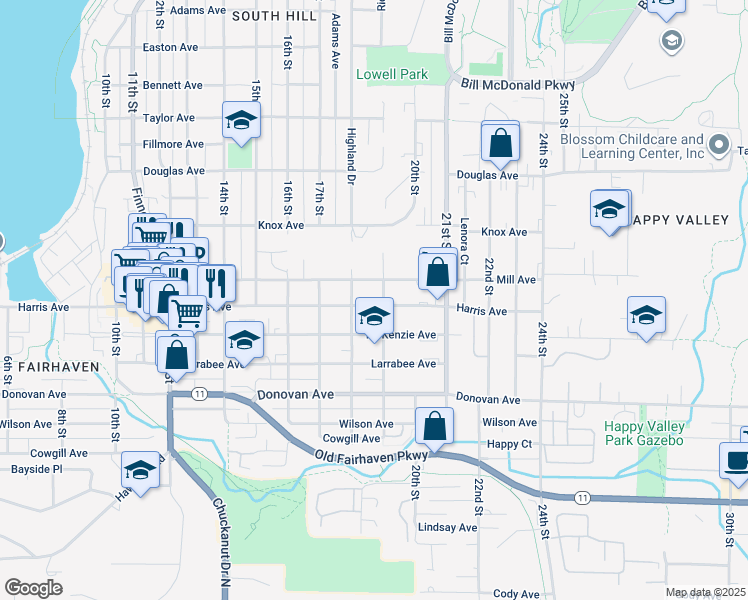 map of restaurants, bars, coffee shops, grocery stores, and more near 1815 Harris Avenue in Bellingham