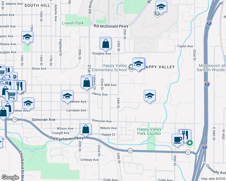 map of restaurants, bars, coffee shops, grocery stores, and more near 2301 Harris Avenue in Bellingham