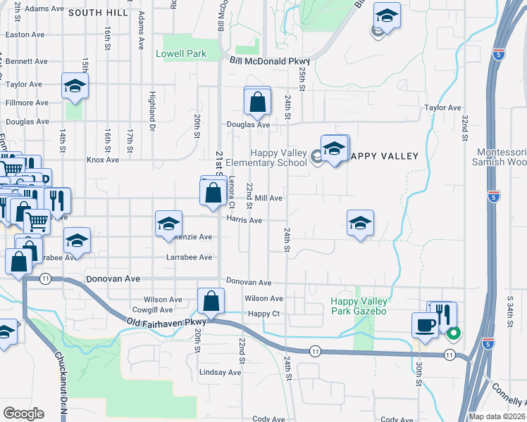 map of restaurants, bars, coffee shops, grocery stores, and more near 2301 Harris Avenue in Bellingham