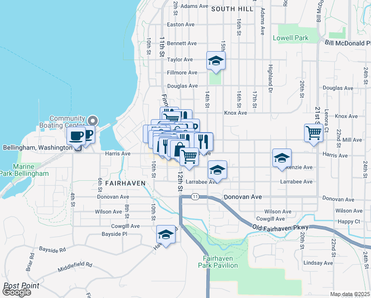 map of restaurants, bars, coffee shops, grocery stores, and more near 1204 Harris Avenue in Bellingham