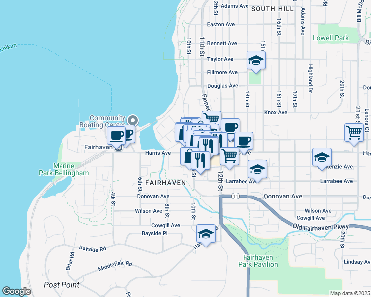 map of restaurants, bars, coffee shops, grocery stores, and more near 960 Harris Avenue in Bellingham