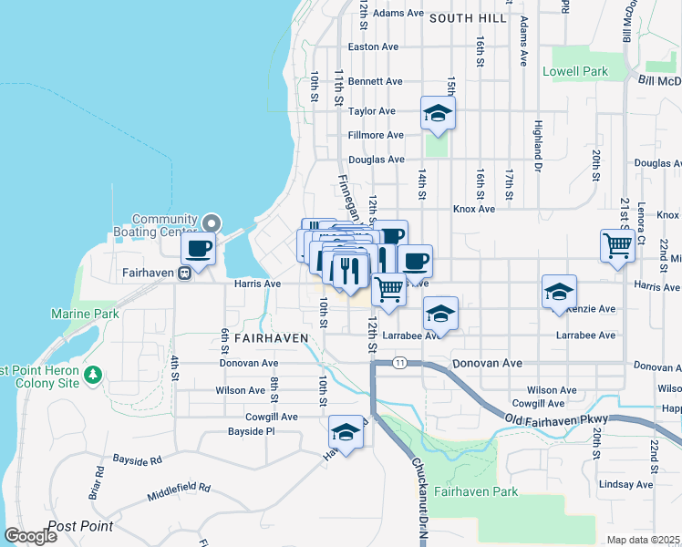 map of restaurants, bars, coffee shops, grocery stores, and more near 1020 Harris Avenue in Bellingham
