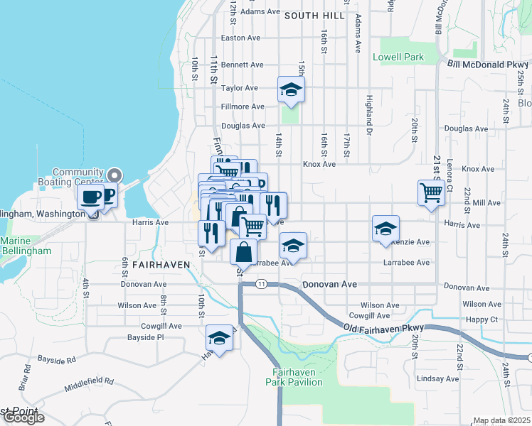 map of restaurants, bars, coffee shops, grocery stores, and more near 1310 Harris Avenue in Bellingham