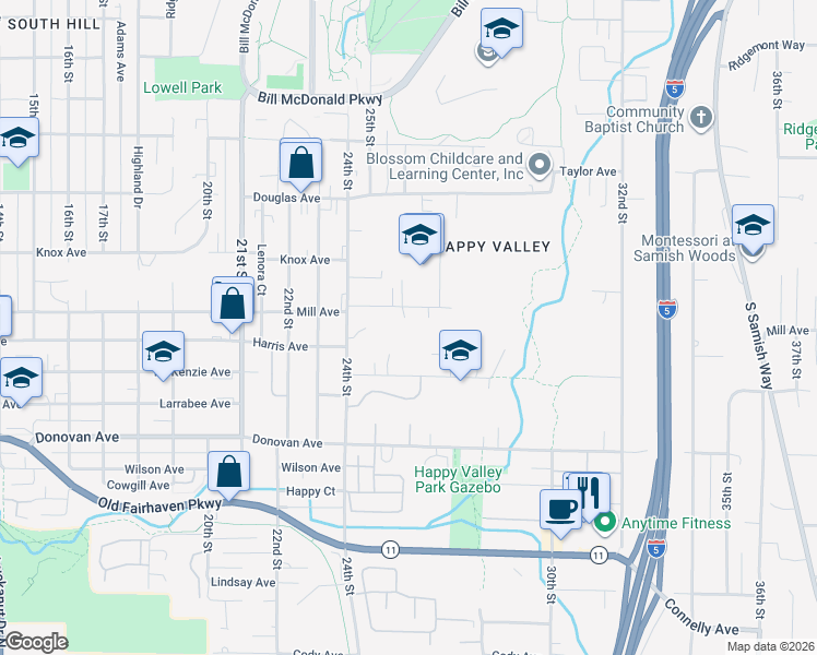 map of restaurants, bars, coffee shops, grocery stores, and more near 2602 Mill Avenue in Bellingham