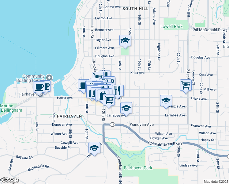 map of restaurants, bars, coffee shops, grocery stores, and more near 1310 Harris Avenue in Bellingham