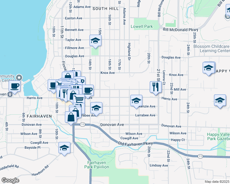 map of restaurants, bars, coffee shops, grocery stores, and more near 1618 Harris Avenue in Bellingham
