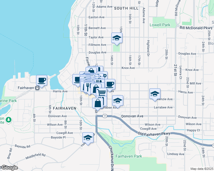 map of restaurants, bars, coffee shops, grocery stores, and more near 1301 Mill Avenue in Bellingham