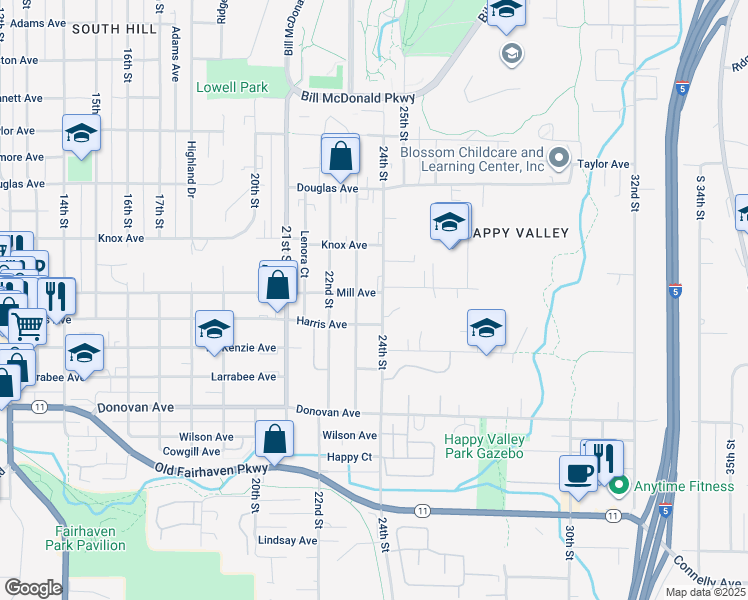 map of restaurants, bars, coffee shops, grocery stores, and more near 2301 Harris Avenue in Bellingham