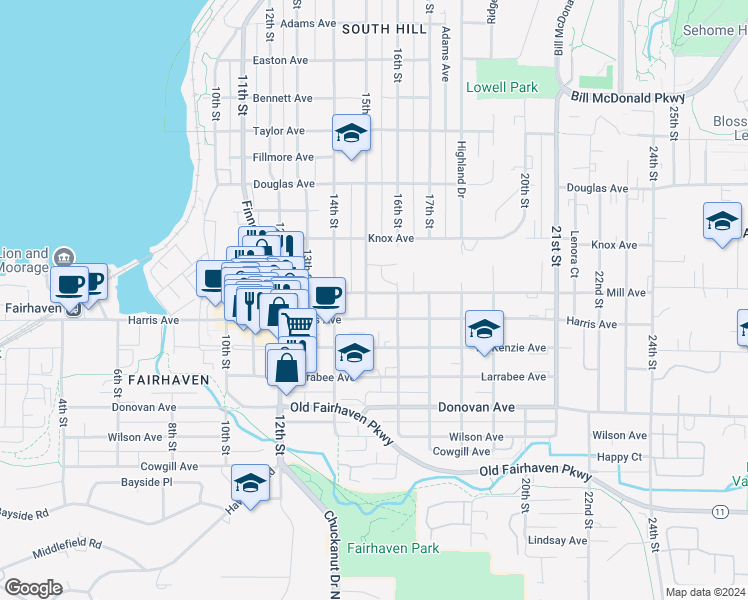 map of restaurants, bars, coffee shops, grocery stores, and more near 1590 Harris Avenue in Bellingham