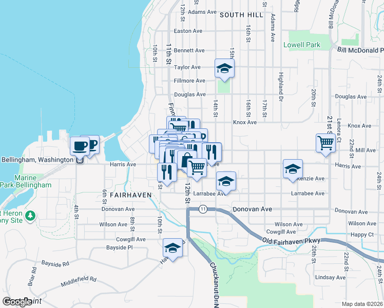 map of restaurants, bars, coffee shops, grocery stores, and more near 1204 Harris Avenue in Bellingham