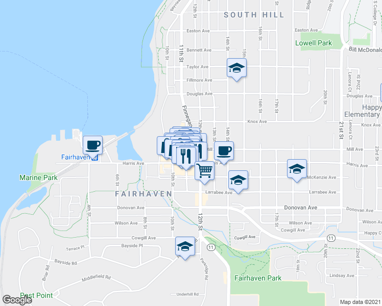 map of restaurants, bars, coffee shops, grocery stores, and more near 1020 Harris Avenue in Bellingham