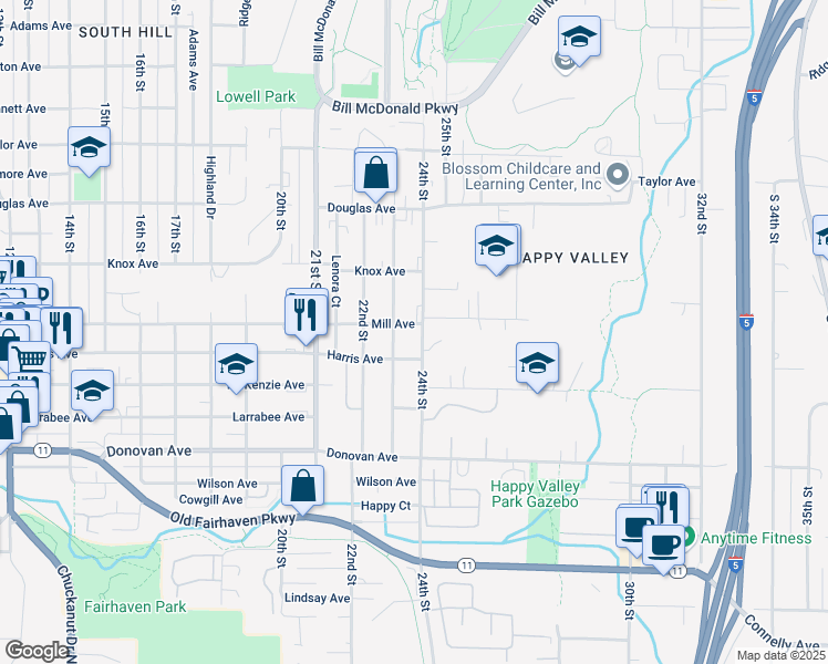 map of restaurants, bars, coffee shops, grocery stores, and more near 2301 Harris Avenue in Bellingham