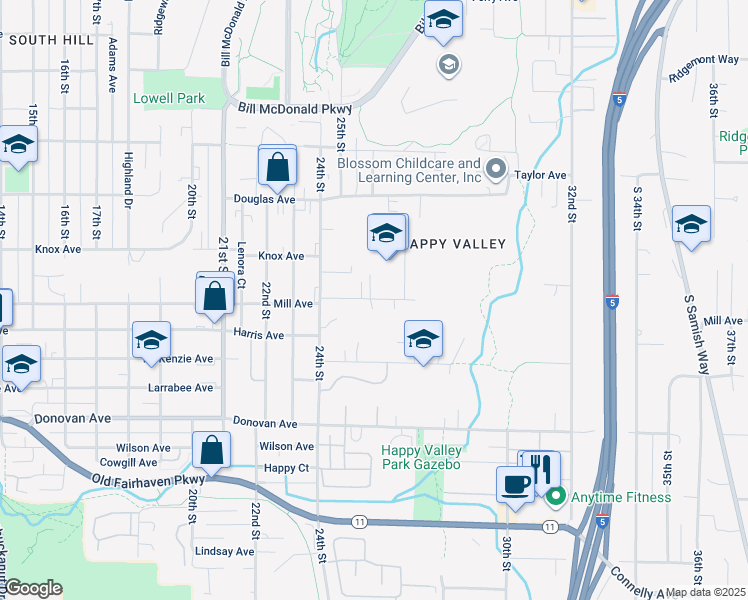 map of restaurants, bars, coffee shops, grocery stores, and more near 2601 Mill Avenue in Bellingham