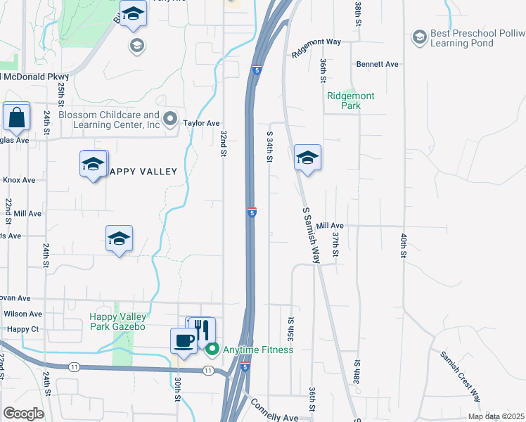 map of restaurants, bars, coffee shops, grocery stores, and more near 1114 South 34th Street in Bellingham