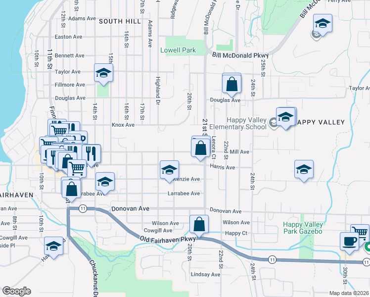 map of restaurants, bars, coffee shops, grocery stores, and more near 1119 20th Street in Bellingham