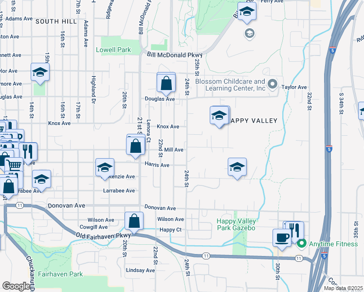 map of restaurants, bars, coffee shops, grocery stores, and more near 1119 23rd Street in Bellingham