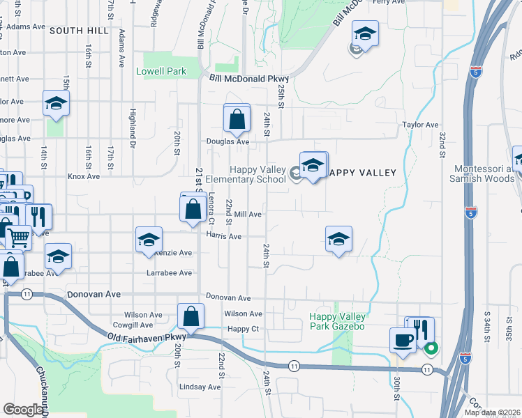 map of restaurants, bars, coffee shops, grocery stores, and more near 1119 23rd Street in Bellingham