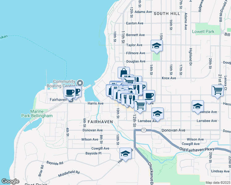 map of restaurants, bars, coffee shops, grocery stores, and more near 1148 10th Street in Bellingham