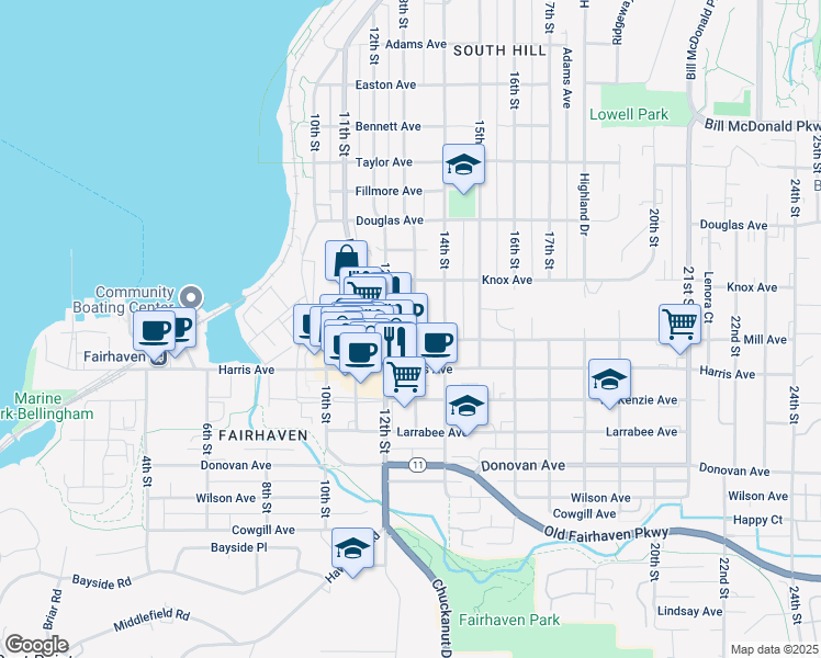 map of restaurants, bars, coffee shops, grocery stores, and more near 1117 12th Street in Bellingham