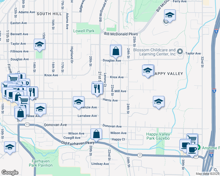 map of restaurants, bars, coffee shops, grocery stores, and more near 1118 22nd Street in Bellingham