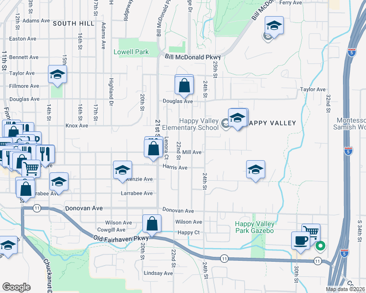 map of restaurants, bars, coffee shops, grocery stores, and more near 1118 22nd Street in Bellingham