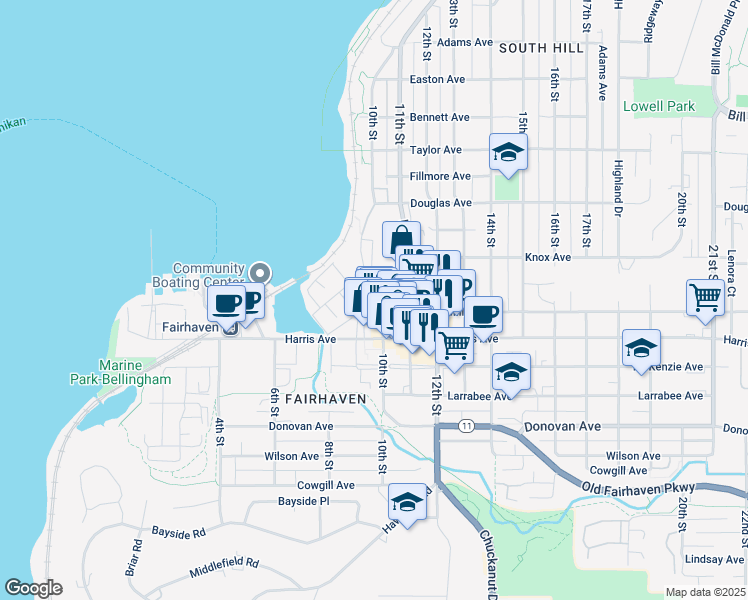 map of restaurants, bars, coffee shops, grocery stores, and more near 1148 10th Street in Bellingham