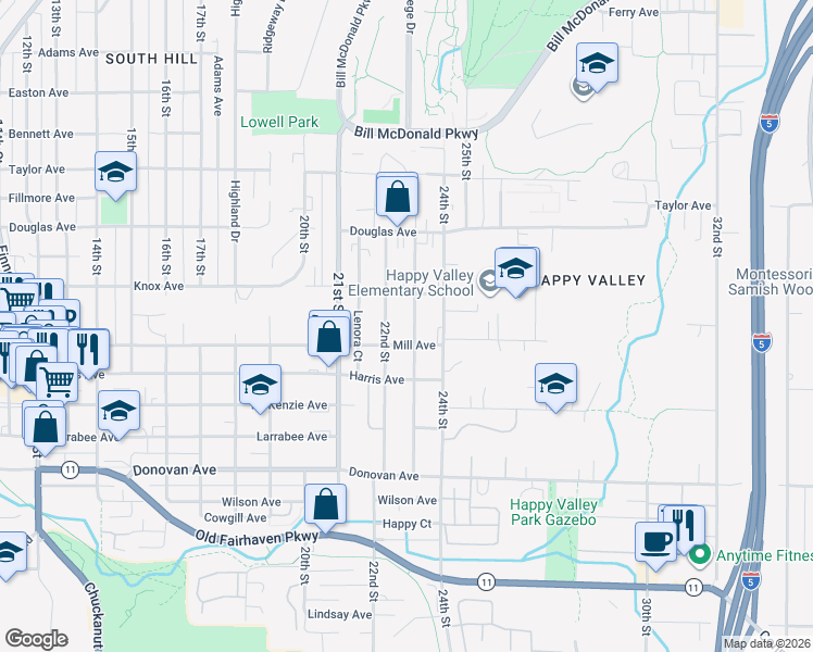 map of restaurants, bars, coffee shops, grocery stores, and more near 1119 23rd Street in Bellingham