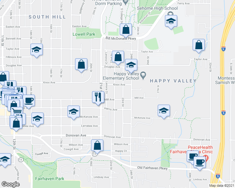 map of restaurants, bars, coffee shops, grocery stores, and more near 1118 22nd Street in Bellingham