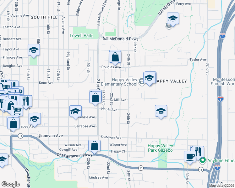 map of restaurants, bars, coffee shops, grocery stores, and more near 1119 23rd Street in Bellingham