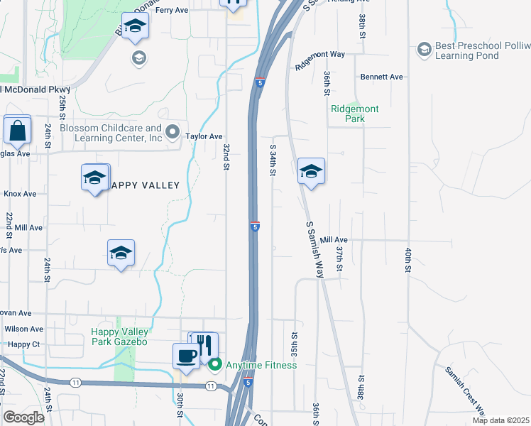 map of restaurants, bars, coffee shops, grocery stores, and more near 1114 South 34th Street in Bellingham