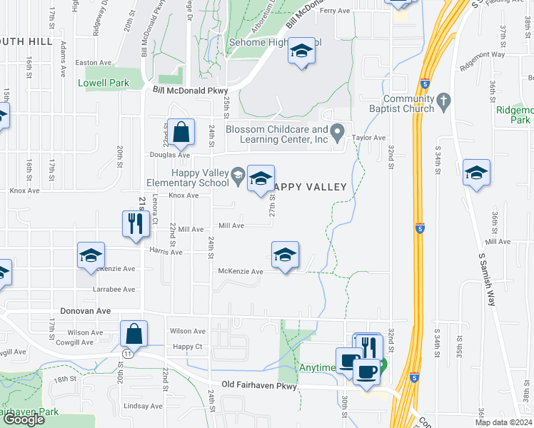 map of restaurants, bars, coffee shops, grocery stores, and more near 1122 27th Street in Bellingham