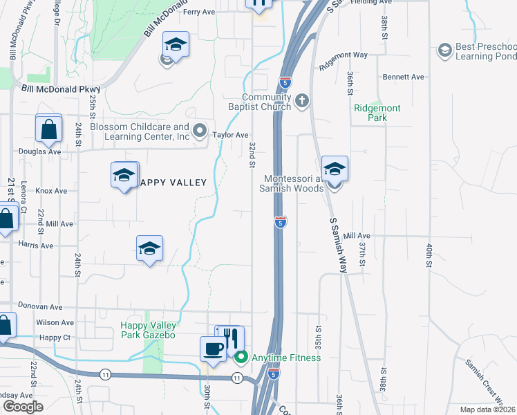 map of restaurants, bars, coffee shops, grocery stores, and more near 1111 32nd Street in Bellingham