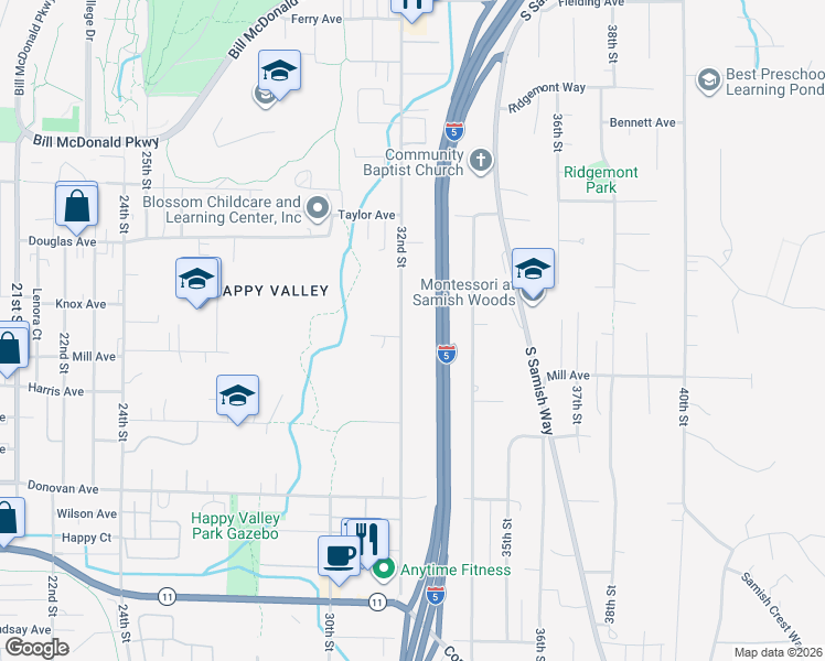 map of restaurants, bars, coffee shops, grocery stores, and more near 1111 32nd Street in Bellingham