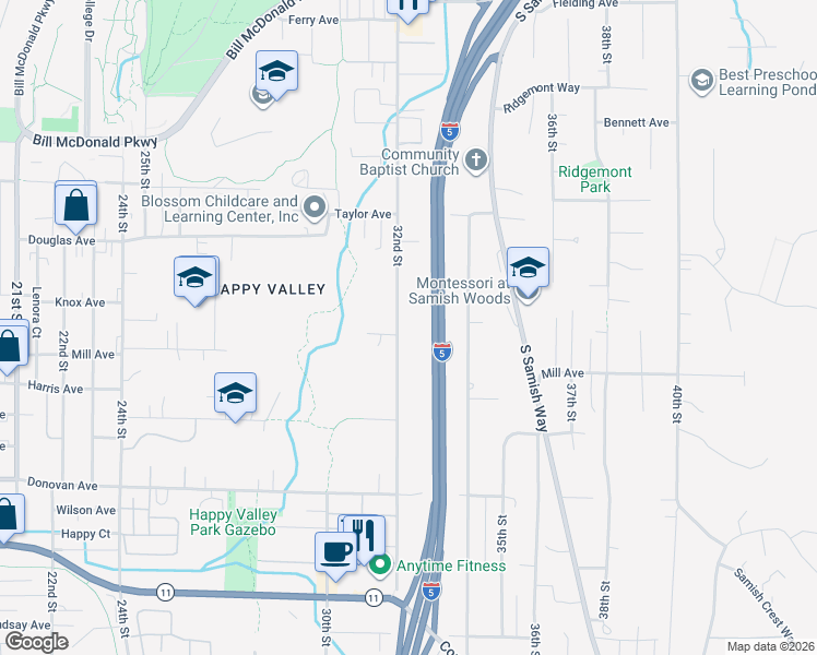 map of restaurants, bars, coffee shops, grocery stores, and more near 1111 32nd Street in Bellingham