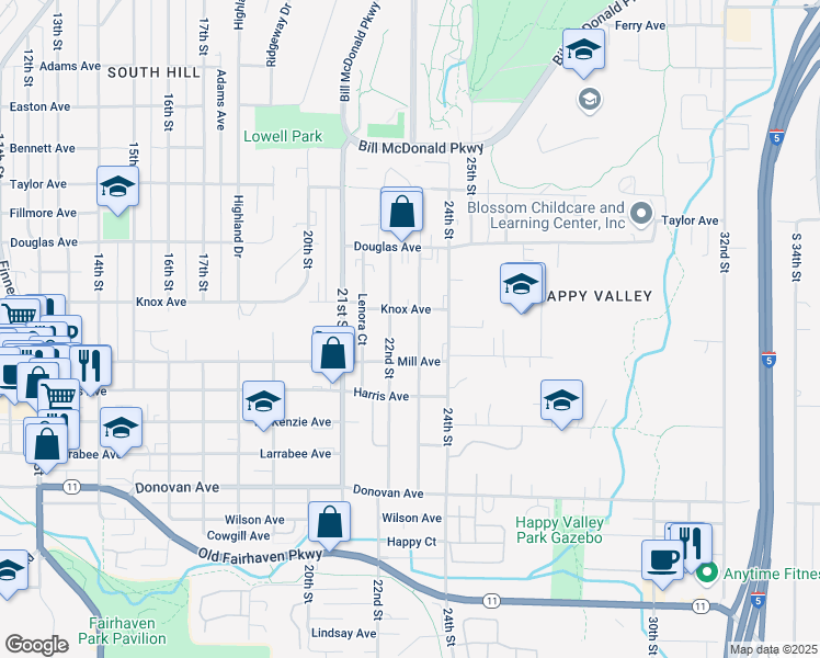 map of restaurants, bars, coffee shops, grocery stores, and more near 1119 23rd Street in Bellingham