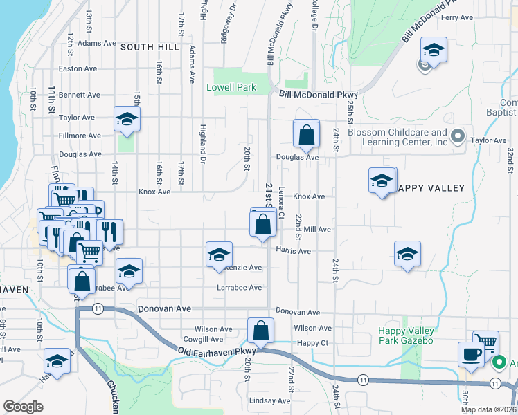 map of restaurants, bars, coffee shops, grocery stores, and more near 20th Street in Bellingham