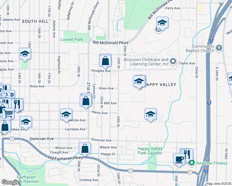 map of restaurants, bars, coffee shops, grocery stores, and more near 1119 23rd Street in Bellingham