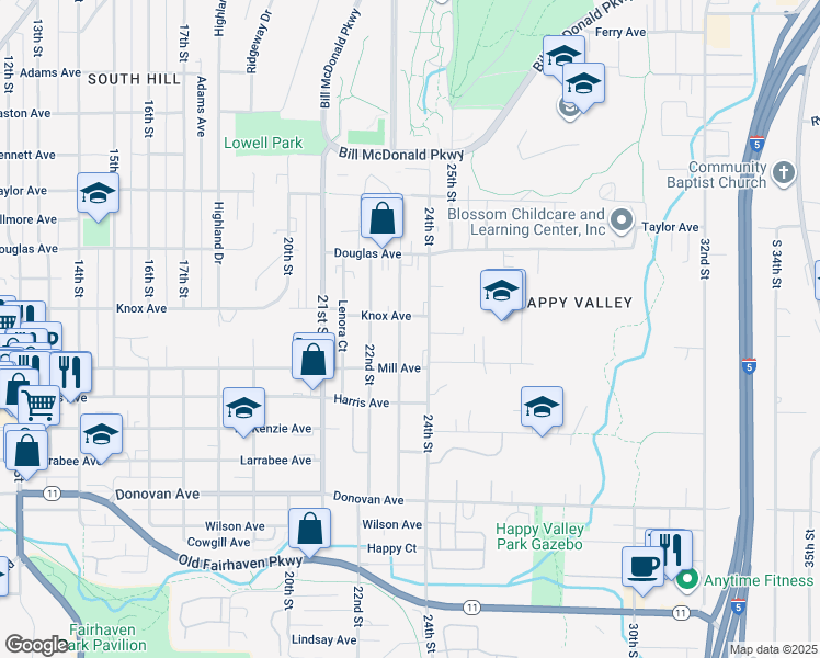 map of restaurants, bars, coffee shops, grocery stores, and more near 1111 23rd Street in Bellingham