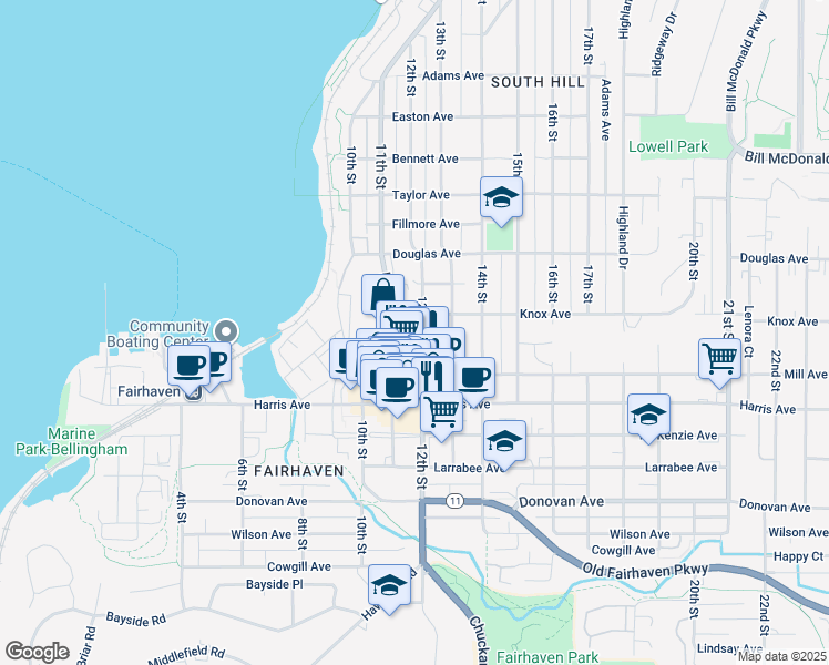 map of restaurants, bars, coffee shops, grocery stores, and more near 1117 12th Street in Bellingham