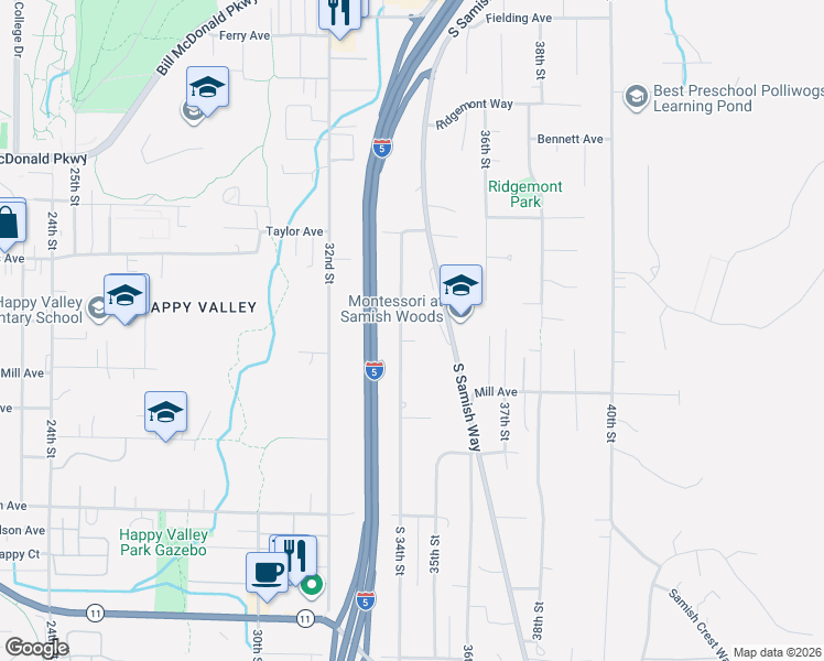 map of restaurants, bars, coffee shops, grocery stores, and more near 1101 South 34th Street in Bellingham