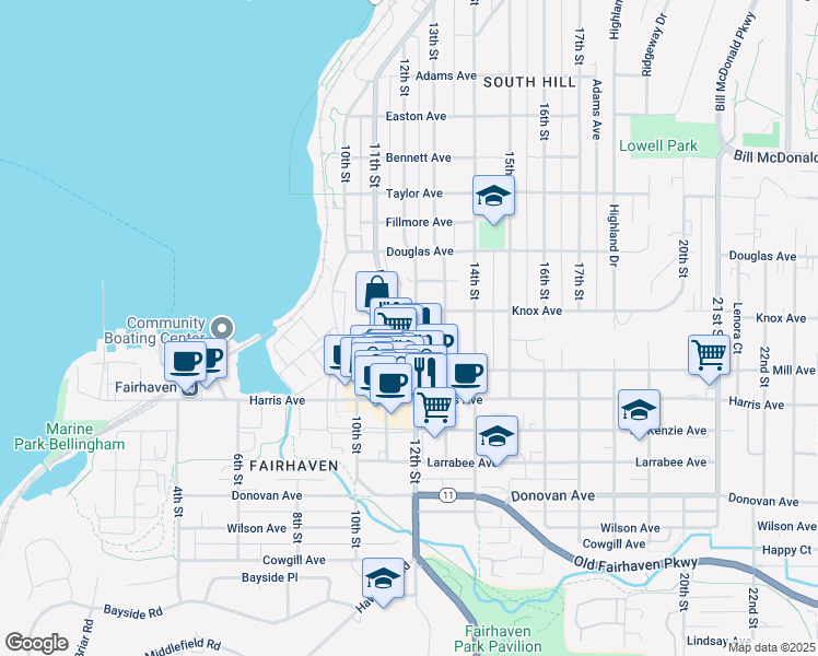 map of restaurants, bars, coffee shops, grocery stores, and more near 1117 12th Street in Bellingham