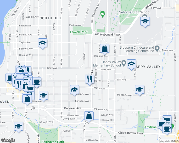 map of restaurants, bars, coffee shops, grocery stores, and more near 1106 21st Street in Bellingham