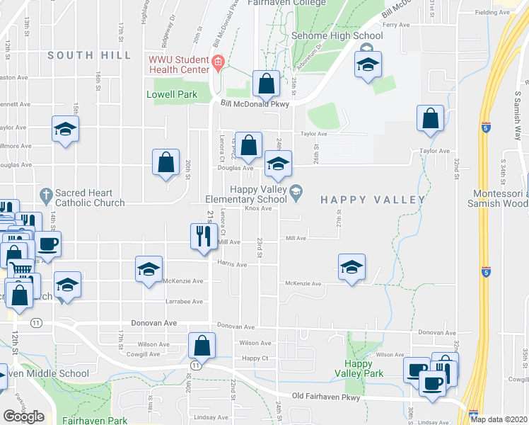 map of restaurants, bars, coffee shops, grocery stores, and more near 1101 23rd Street in Bellingham