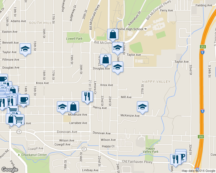 map of restaurants, bars, coffee shops, grocery stores, and more near 1119 23rd Street in Bellingham