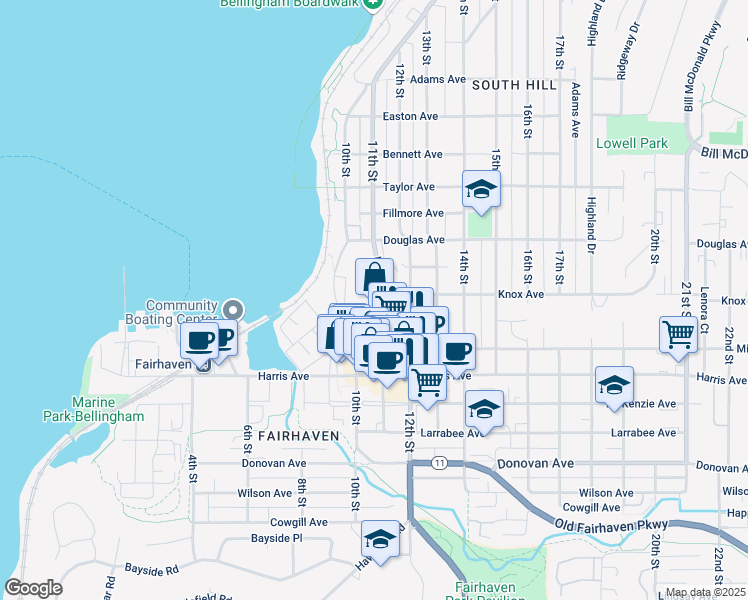 map of restaurants, bars, coffee shops, grocery stores, and more near 1020 11th Street in Bellingham