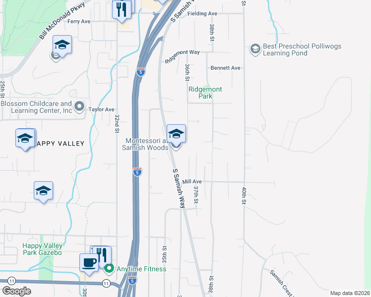 map of restaurants, bars, coffee shops, grocery stores, and more near 1001 Fielding Court in Bellingham