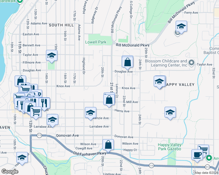 map of restaurants, bars, coffee shops, grocery stores, and more near 1021 21st Street in Bellingham