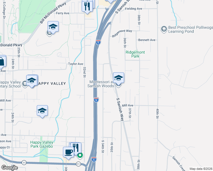 map of restaurants, bars, coffee shops, grocery stores, and more near 1009 South 34th Street in Bellingham