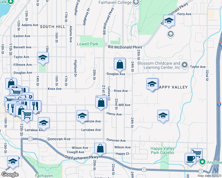 map of restaurants, bars, coffee shops, grocery stores, and more near 1021 21st Street in Bellingham
